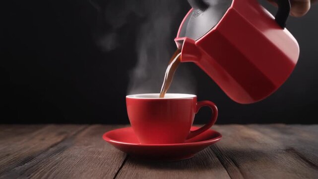 Steaming hot coffee being poured from a red pot into a matching red cup.