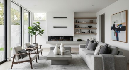 Fototapeta premium Modern Living Room with Gray Sofa Large Windows Minimalist Decor Bright Natural Light