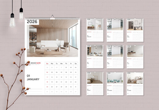 2026 Modern Interior Wall Calendar Design Template for Home & Office