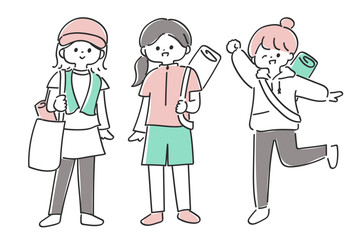 スポーツウェアをきた女性グループ　シンプルでゆるかわいいイラスト