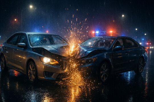 Dramatic car crash scene at night with sparks flying and police lights in the rain highlighting the dangers of reckless driving