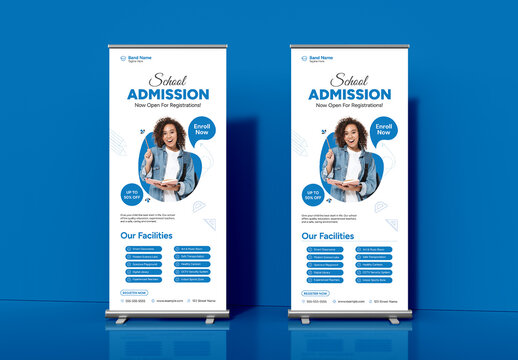 Modern School Admission Roll Up Banner Template with White & Blue Accents