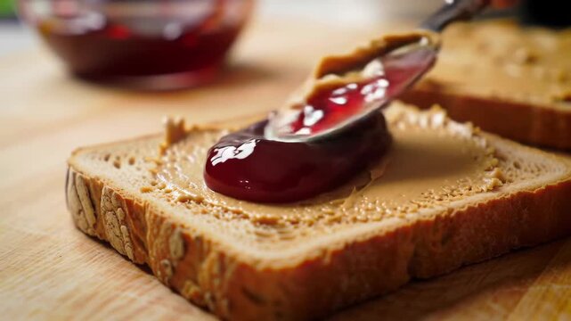 Making a delicious peanut butter and jelly sandwich for breakfast.