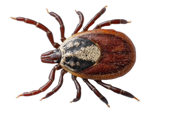 Top-down macro of a brown and cream colored arachnid with eight legs against black