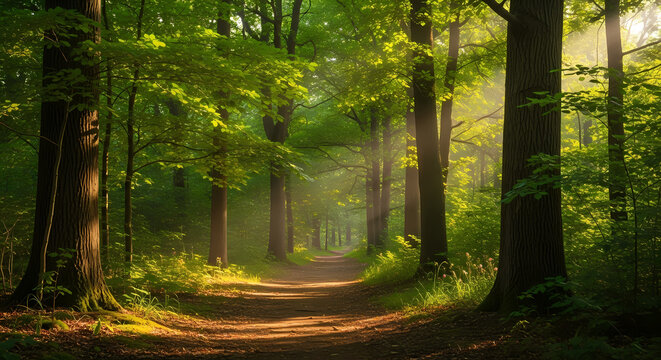 Tranquil forest path with sunlight and green trees