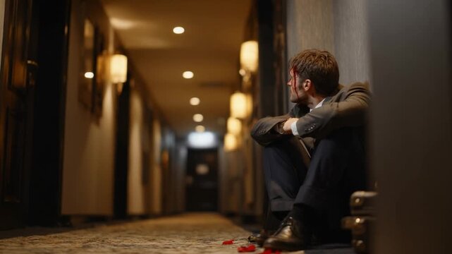 Despair in the Hotel Hall: A solitary figure, lost in thought, sits dejectedly in a hotel hallway, conveying a sense of isolation and internal struggle amidst the dim lighting.