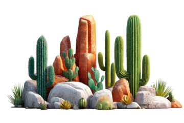 Desert diorama featuring textured rock formations, cacti, and sparse vegetation