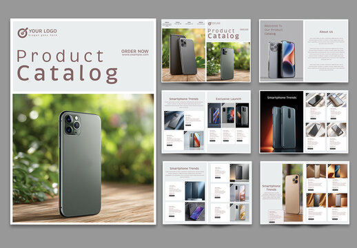 Modern Smartphone Product Bifold Catalog Template with Editable Design for Mobile Device Showcases.