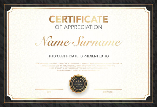 Modern certificate of appreciation template with elegant gold and black design, premium quality badge, customizable name and signature area, perfect for awards, achievement or recognition.
