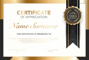 Modern certificate of appreciation template with elegant gold and black design, premium quality badge, customizable name and signature area, perfect for awards, achievement or recognition.