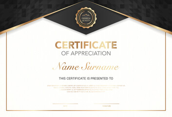 Modern certificate of appreciation template with elegant gold and black design, premium quality badge, customizable name and signature area, perfect for awards, achievement or recognition.