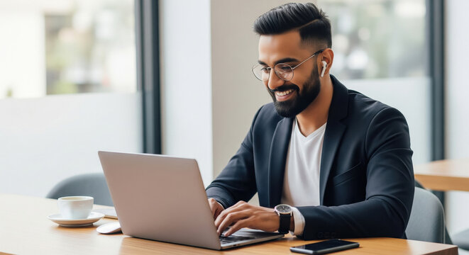 Young man happily working on laptop in bright modern office.