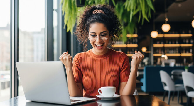 Excited woman celebrates online success with laptop and coffee.