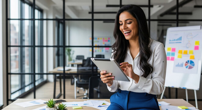 Happy businesswoman using tablet in modern office