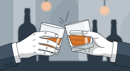 A refined flat design illustration depicting two hands clinking whisky glasses in a toast, symbolizing celebration and good cheer.