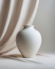 Minimal White Ceramic Vase with Draped Fabric Background