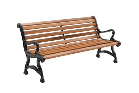 A park bench with wood seat and decorative iron armrests and legs, isolated on black