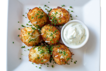 Golden fried potato croquettes with creamy dipping sauce, garnished with chives, on white plate