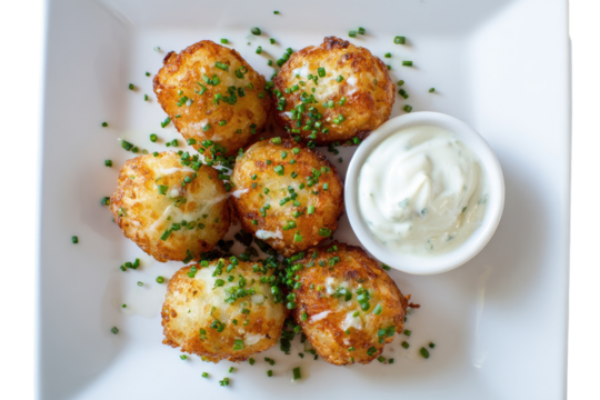 Golden fried potato croquettes with creamy dipping sauce, garnished with chives, on white plate