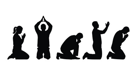 Diverse group of people in silhouette kneeling and praying together