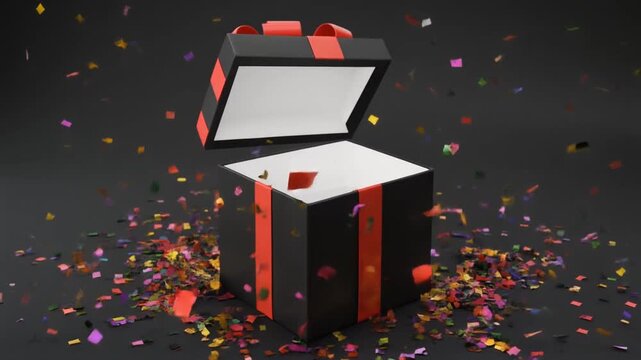Unboxing black gift box with confetti black background