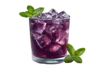 A vibrant purple cocktail in a glass, garnished with mint sprigs. Clear ice cubes visible