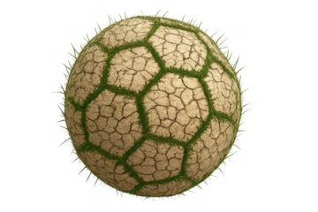 Soccer ball patterned with parched cracked earth and green growing grass, symbolizing climate change impact and drought