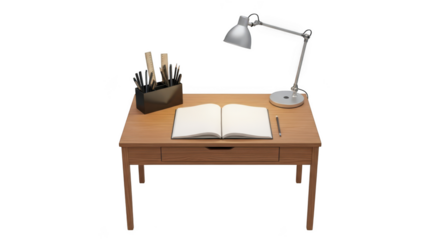 A wooden desk with an open book a lamp and a bag isolated on transparent background