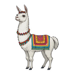 White llama animal illustration graphic art cartoon drawing alpaca peruvian south american mammal cute on transparent background