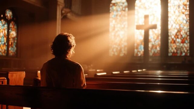 Seeking Solace: A solitary figure finds solace in a cathedral, bathed in the ethereal glow of light filtering through the stained glass, with a sense of peace.