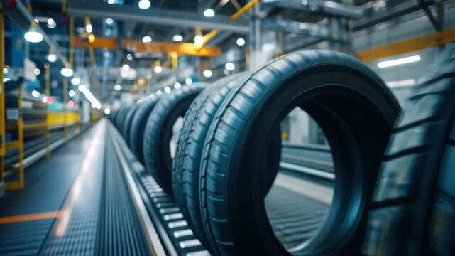Tire Production Line: A close-up perspective showcases the rhythm of industry, with tires rolling along a conveyor belt, illuminating the manufacturing process.