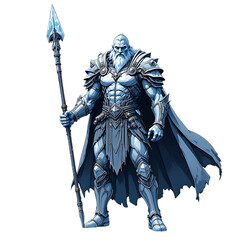 Ice warrior spear fantasy character frost giant mythology armor cape beard digital art illustration design on transparent background