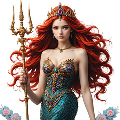 Mermaid redhead queen trident fantasy portrait beautiful fairytale ocean princess digital art artwork on transparent background