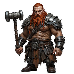 Dwarf warrior fantasy character beard hammer braids armor muscles strong redhead powerful fantasy art on transparent background