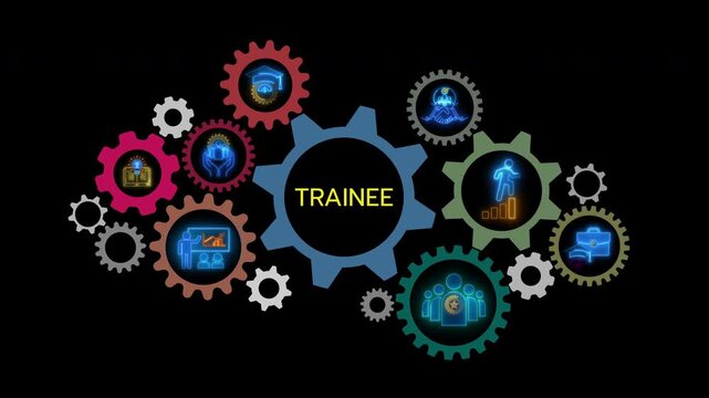 Glowing neon line banner of TRAINEE concept with icons of internship, apprentice, training, mentor, support, cooperation and improve isolated on black background.