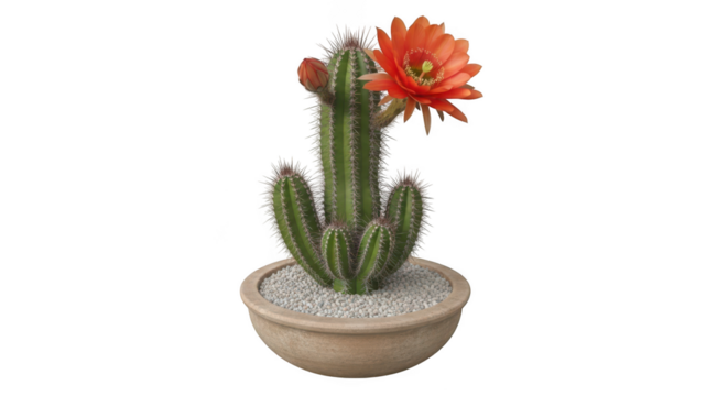 A tall green cactus with a vibrant orange flower in a pot isolated on transparent background