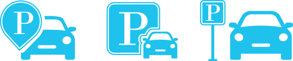 Obraz premium Car Parking Icon set. Public parking and location symbol. Road sign for vehicle park area. Containing park, sign, traffic, vehicle, travel, transport, public and more icons. Vector illustration.