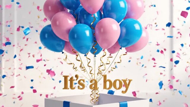 Blue  pink balloons rise from a box marked Its a boy amidst blue  pink confetti