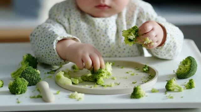 Broccoli Exploration: A curious baby engages in a sensory experience, exploring the textures and tastes of fresh broccoli florets, creating a moment of pure exploration and discovery.