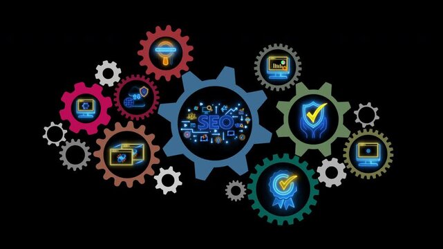 Glowing neon line banner of SEO concept with icons of web, analysis, content, backlink, keyword, traffic, ranking and optimization isolated on black background.