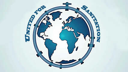 Global earth illustration surrounded by plumbing pipe design emphasizing sanitation unity and awareness