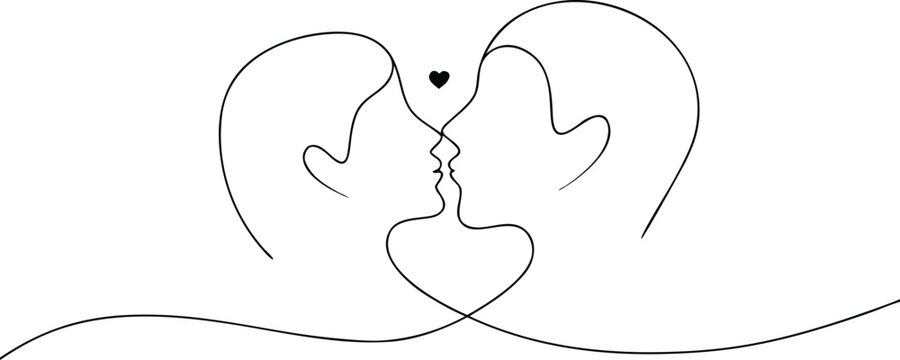 Two faces kissing forming a heart shape with a small black heart above