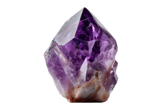 A vibrant, faceted amethyst crystal isolated against a black background, showing color variations
