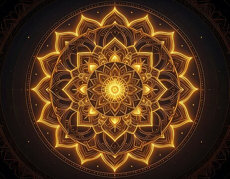 Ornate golden mandala radiates intricate patterns within a dark circular frame
