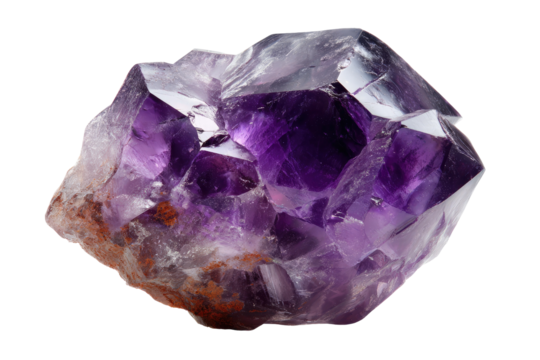 A close-up, vibrant image of a faceted, purple crystal cluster with varied textures and earthy hues