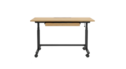 Simple wooden desk with metal legs and a pull out drawer isolated on transparent background