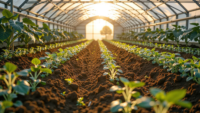 Rows of young vegetable plants thrive in a sunlit greenhouse, representing growth and sustainable agriculture