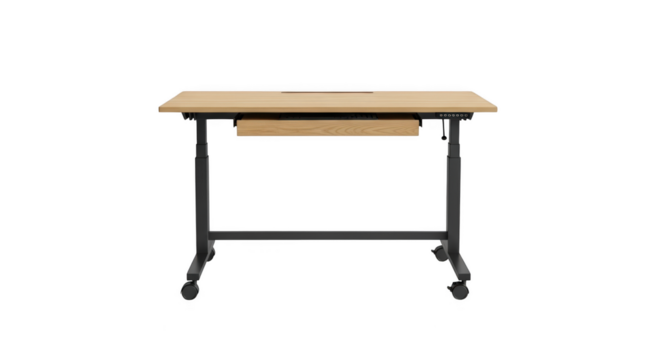 Simple wooden desk with metal legs and a pull out drawer isolated on transparent background