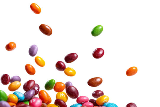 Colorful, glossy, candy-coated treats cascade from above against a stark, dark background - Powered by Adobe