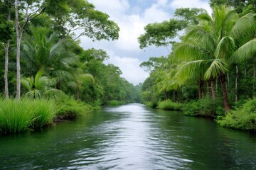 Obraz premium Tropical river flowing through lush green rainforest